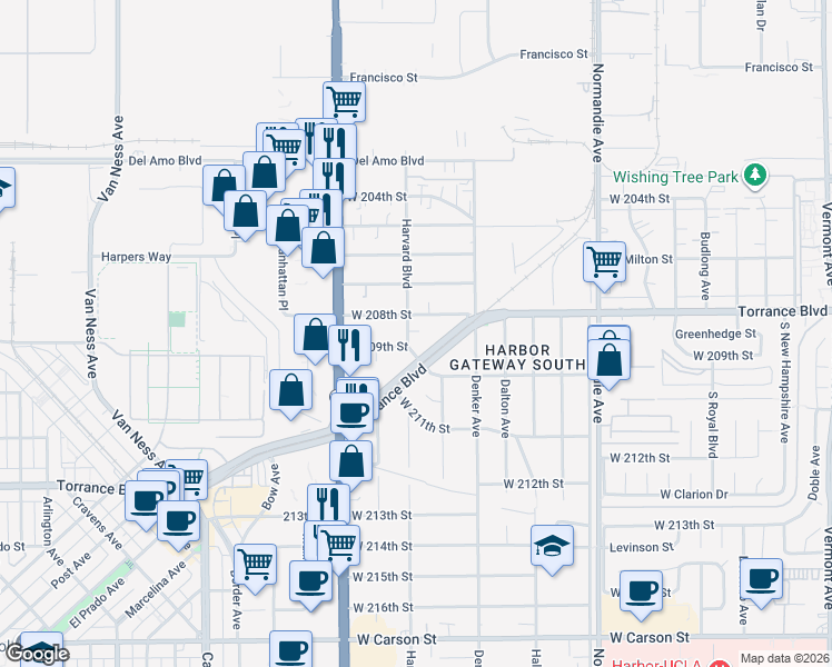map of restaurants, bars, coffee shops, grocery stores, and more near 20818 Harvard Boulevard in Torrance