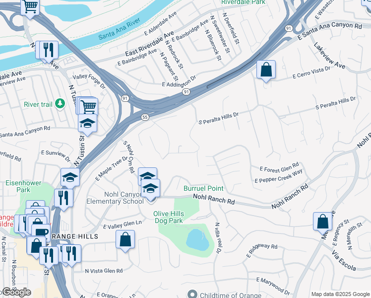 map of restaurants, bars, coffee shops, grocery stores, and more near 222 South Peralta Hills Drive in Anaheim