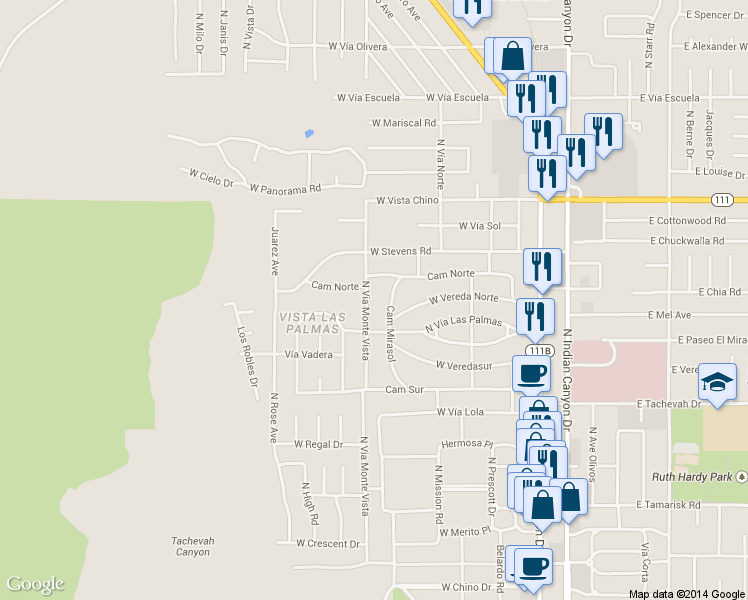 map of restaurants, bars, coffee shops, grocery stores, and more near 665 Camino Norte in Palm Springs