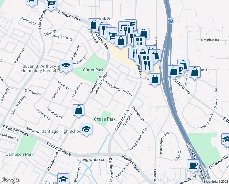 map of restaurants, bars, coffee shops, grocery stores, and more near 2553 Star Crest Lane in Corona