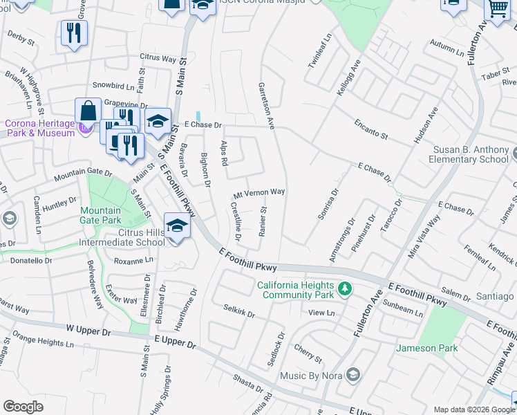 map of restaurants, bars, coffee shops, grocery stores, and more near 3068 Ranier Street in Corona
