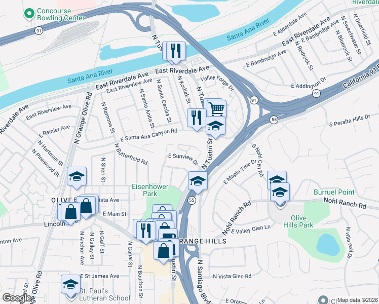 map of restaurants, bars, coffee shops, grocery stores, and more near 1754 Bolinger Circle in Orange