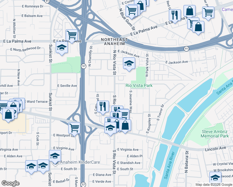 map of restaurants, bars, coffee shops, grocery stores, and more near in Anaheim
