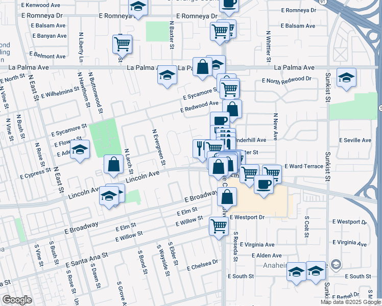 map of restaurants, bars, coffee shops, grocery stores, and more near 231 North Evelyn Drive in Anaheim