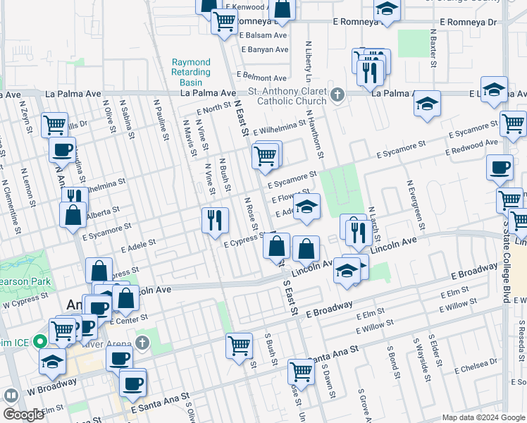 map of restaurants, bars, coffee shops, grocery stores, and more near in Anaheim