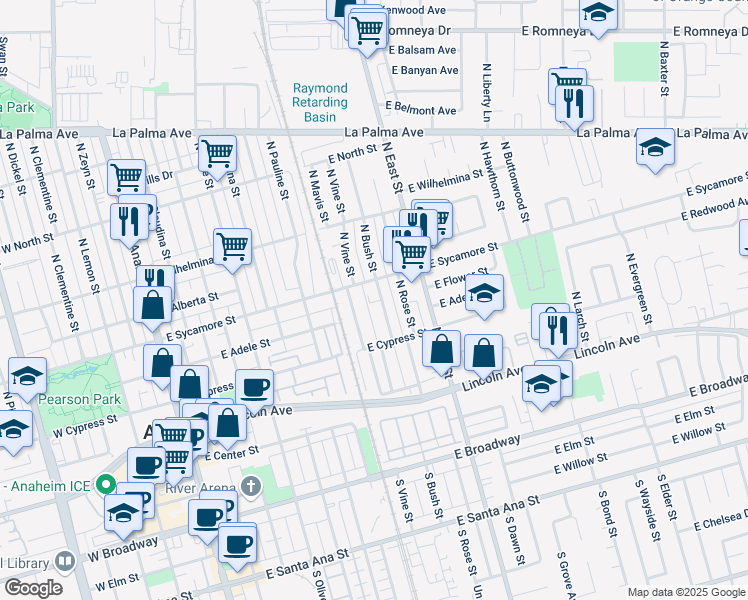 map of restaurants, bars, coffee shops, grocery stores, and more near 417 North Bush Street in Anaheim
