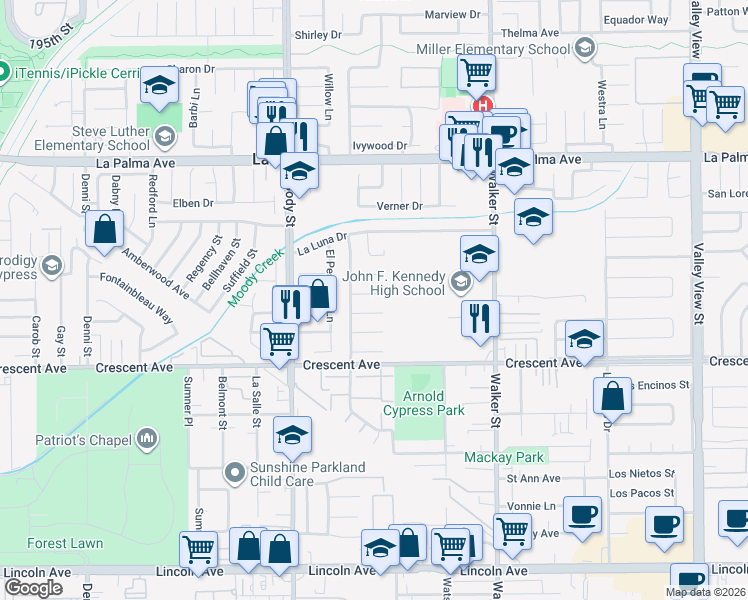 map of restaurants, bars, coffee shops, grocery stores, and more near 5191 Del Sol Circle in La Palma