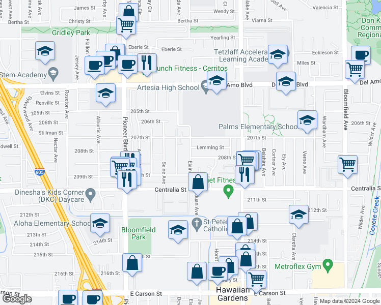 map of restaurants, bars, coffee shops, grocery stores, and more near 20733 Elaine Avenue in Lakewood