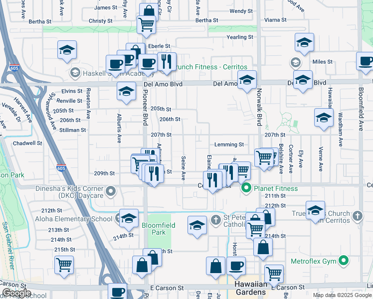 map of restaurants, bars, coffee shops, grocery stores, and more near in Lakewood