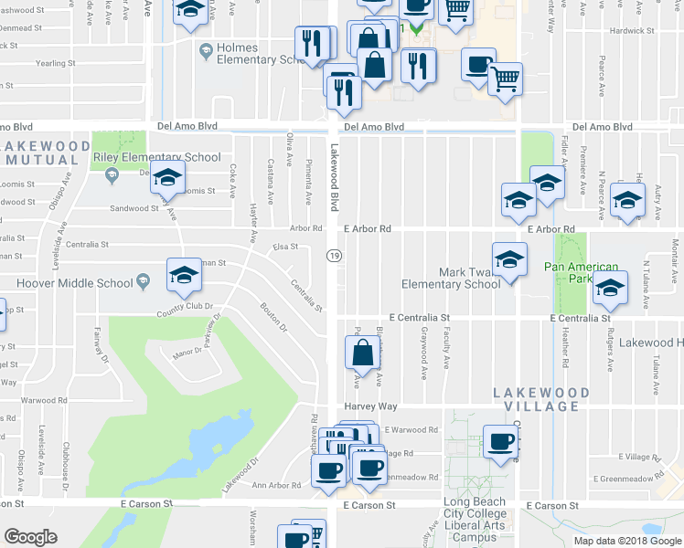 map of restaurants, bars, coffee shops, grocery stores, and more near 4601 Pepperwood Avenue in Long Beach