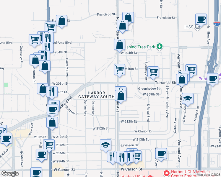 map of restaurants, bars, coffee shops, grocery stores, and more near 20812 Brighton Avenue in Torrance