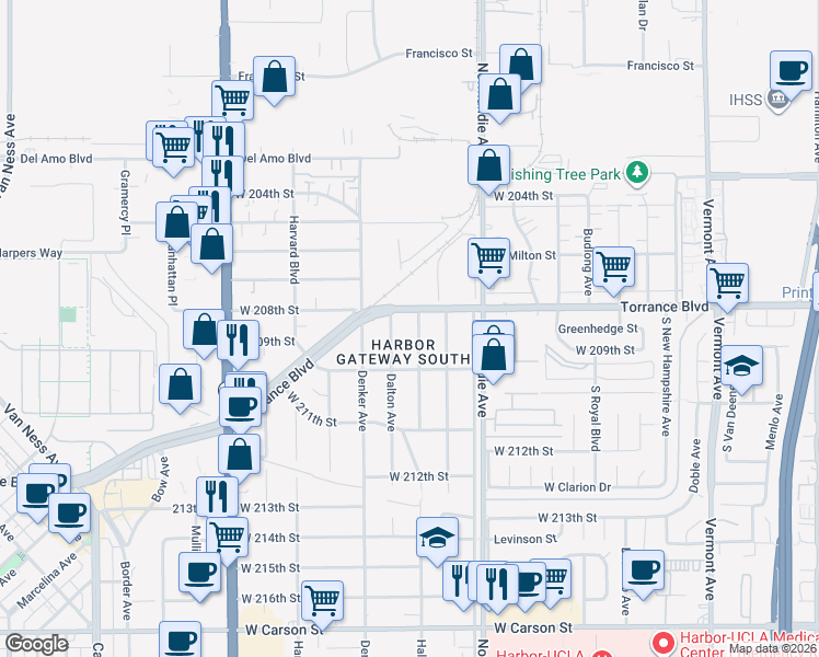 map of restaurants, bars, coffee shops, grocery stores, and more near 20813 Halldale Avenue in Torrance