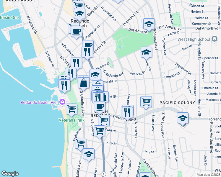 map of restaurants, bars, coffee shops, grocery stores, and more near 107 South Francisca Avenue in Redondo Beach