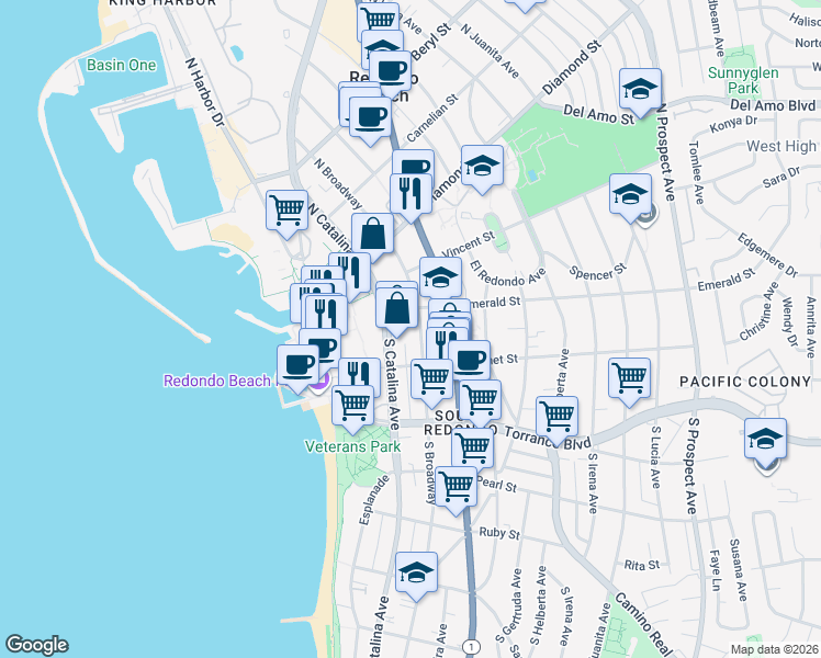 map of restaurants, bars, coffee shops, grocery stores, and more near 111 South Broadway in Redondo Beach