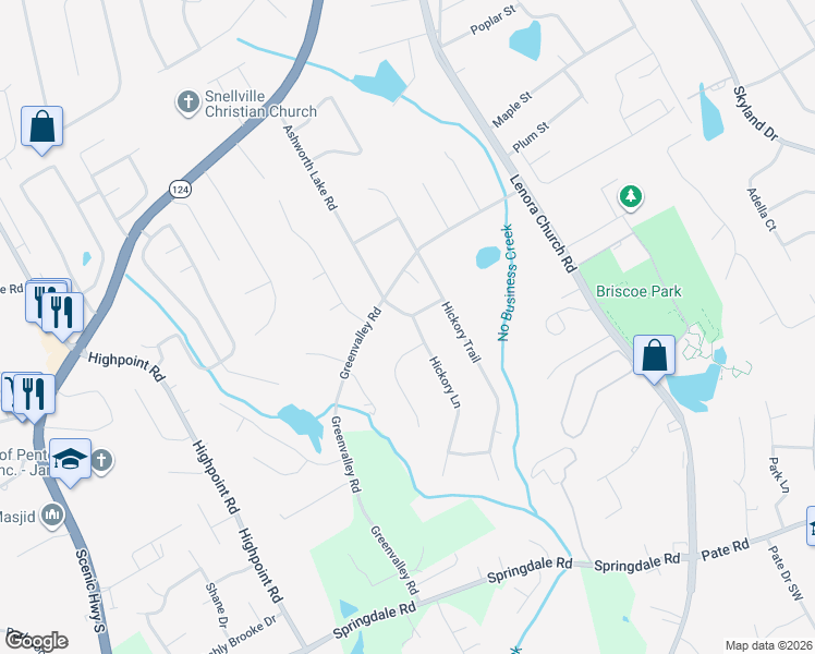 map of restaurants, bars, coffee shops, grocery stores, and more near 2756 Ashworth Lake Road in Snellville
