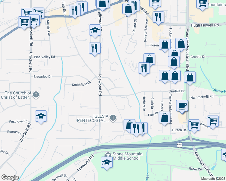 map of restaurants, bars, coffee shops, grocery stores, and more near 4320 Sasanqua Court in Tucker