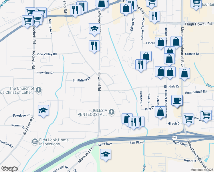 map of restaurants, bars, coffee shops, grocery stores, and more near 4320 Sasanqua Court in Tucker