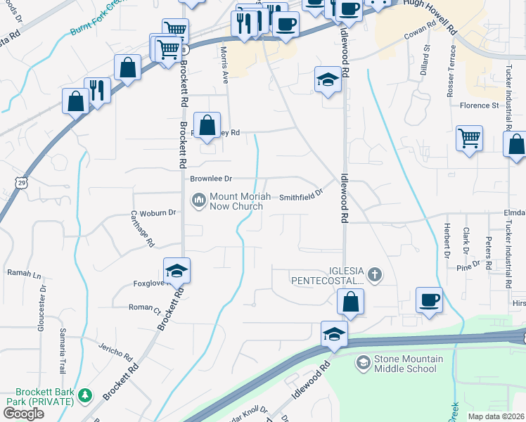 map of restaurants, bars, coffee shops, grocery stores, and more near 1986 Avis Lane in Tucker
