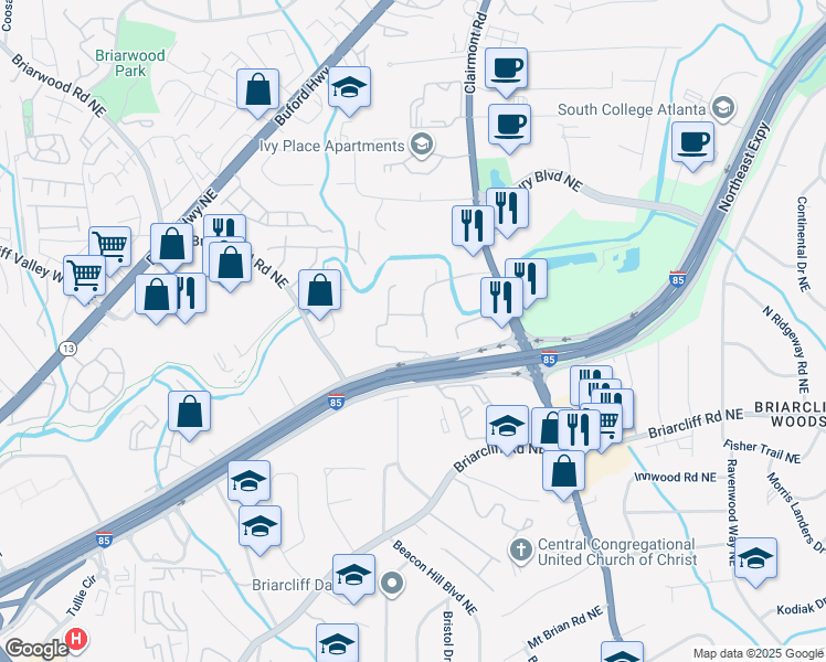 map of restaurants, bars, coffee shops, grocery stores, and more near 2924 Clairmont Road in Atlanta