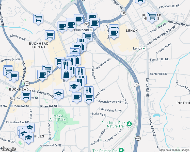 map of restaurants, bars, coffee shops, grocery stores, and more near 79 Park Circle Northeast in Atlanta