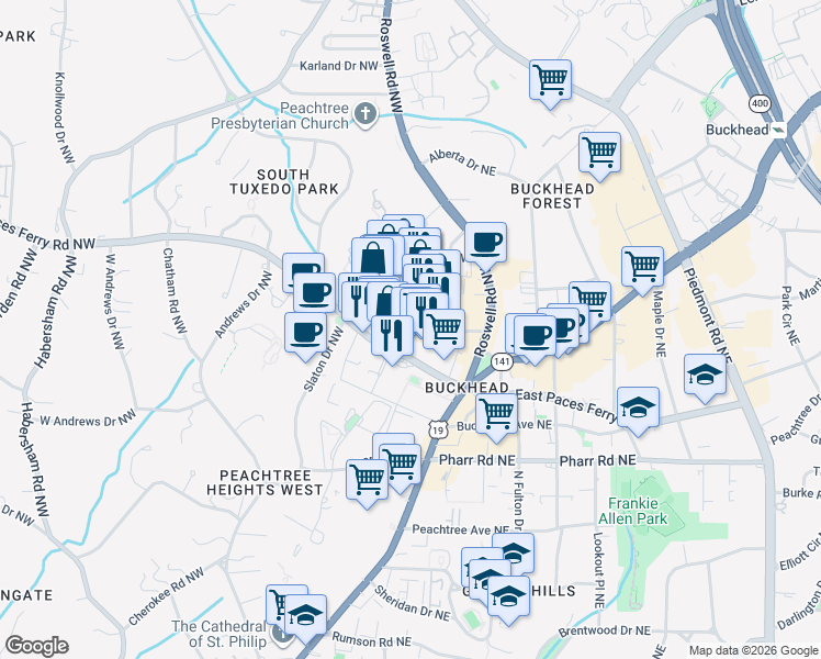 map of restaurants, bars, coffee shops, grocery stores, and more near 3188 Paces Ferry Place Northwest in Atlanta