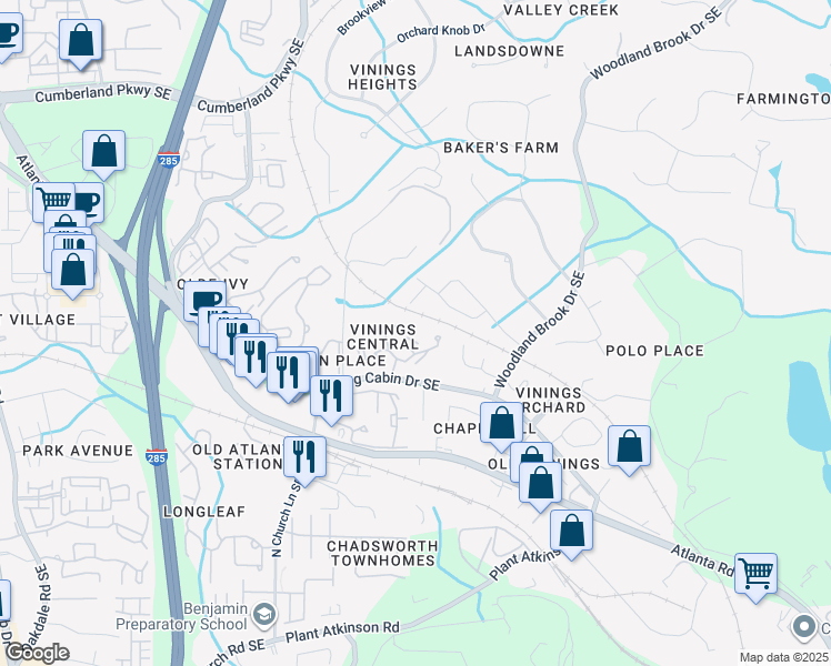 map of restaurants, bars, coffee shops, grocery stores, and more near 2607 Vinings Central Run Southeast in Smyrna