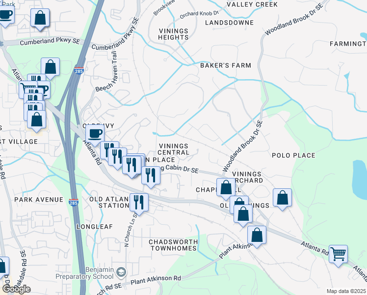 map of restaurants, bars, coffee shops, grocery stores, and more near 2607 Vinings Central Run Southeast in Smyrna