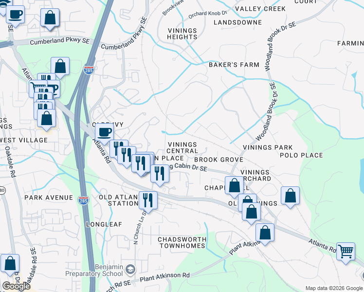 map of restaurants, bars, coffee shops, grocery stores, and more near 4543 Vinings Central Trace Southeast in Atlanta