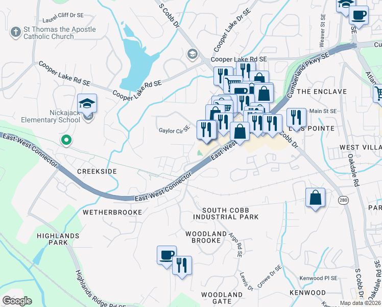 map of restaurants, bars, coffee shops, grocery stores, and more near 4683 Wehunt Commons Drive in Smyrna