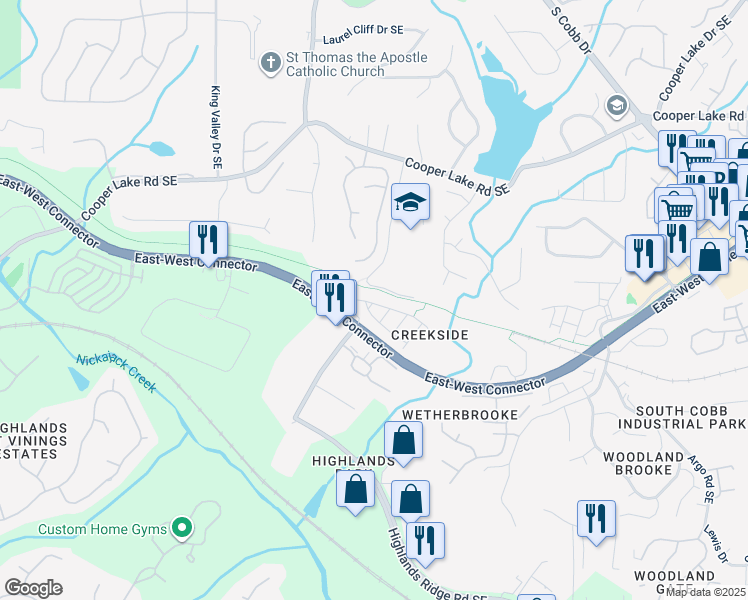map of restaurants, bars, coffee shops, grocery stores, and more near 1243 Creekside Place Southeast in Smyrna