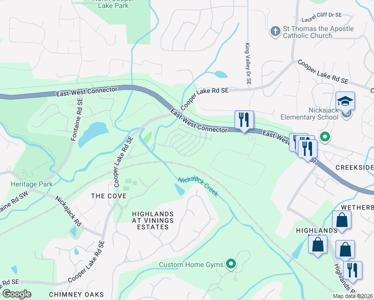 map of restaurants, bars, coffee shops, grocery stores, and more near 4408 Felix Way Southeast in Smyrna