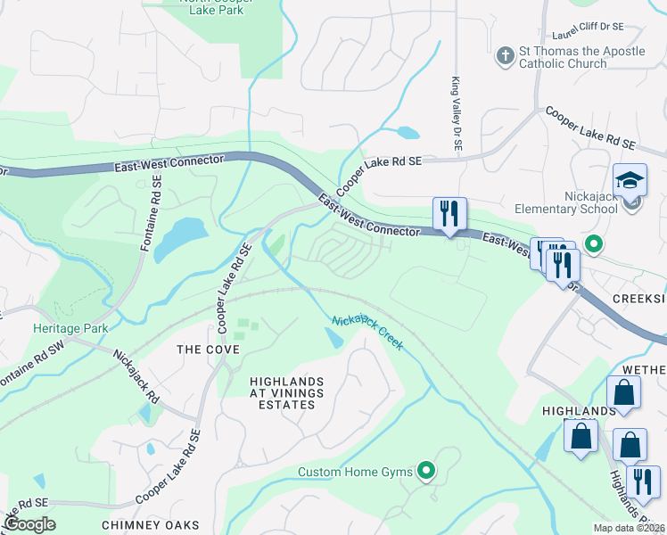 map of restaurants, bars, coffee shops, grocery stores, and more near 4409 Felix Way Southeast in Smyrna