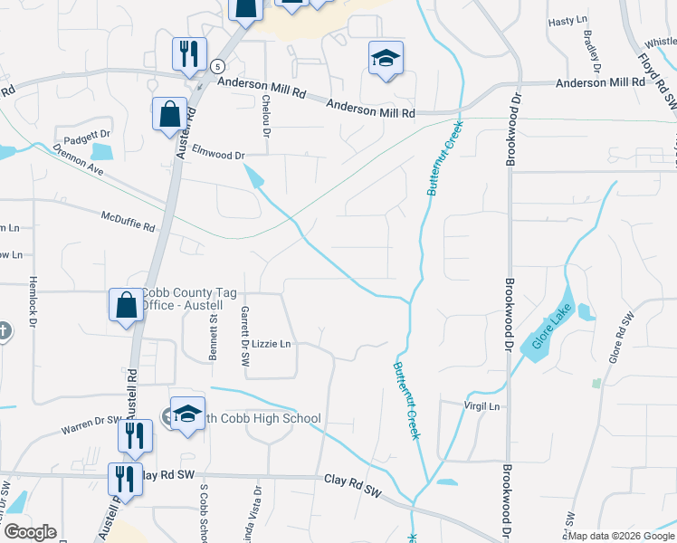 map of restaurants, bars, coffee shops, grocery stores, and more near 1624 Debbie Drive Southwest in Mableton