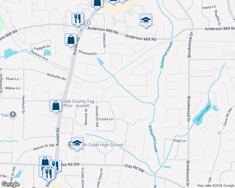 map of restaurants, bars, coffee shops, grocery stores, and more near 1680 Debbie Drive Southwest in Mableton