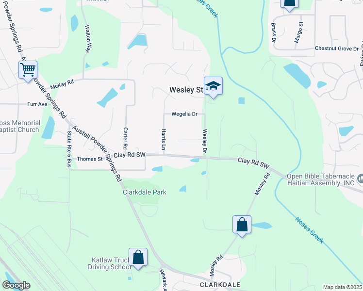 map of restaurants, bars, coffee shops, grocery stores, and more near 3383 Pendley Road in Austell