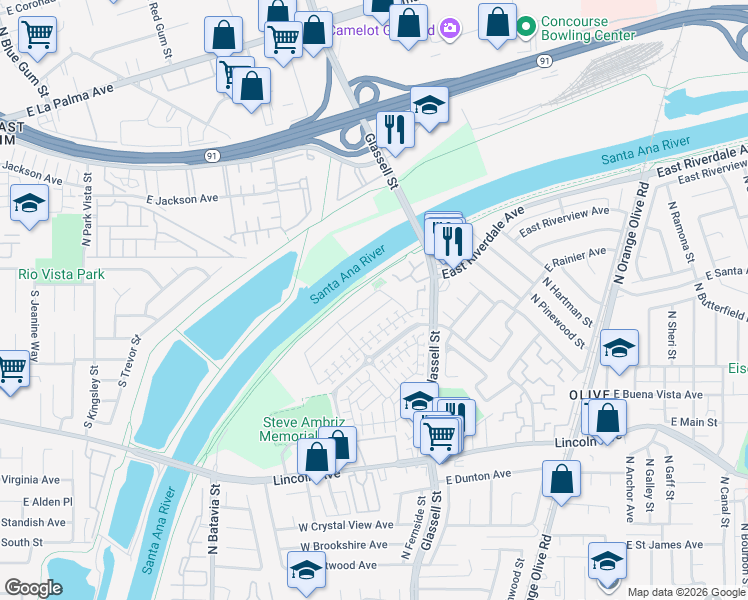 map of restaurants, bars, coffee shops, grocery stores, and more near 212 West Weeping Willow Avenue in Orange