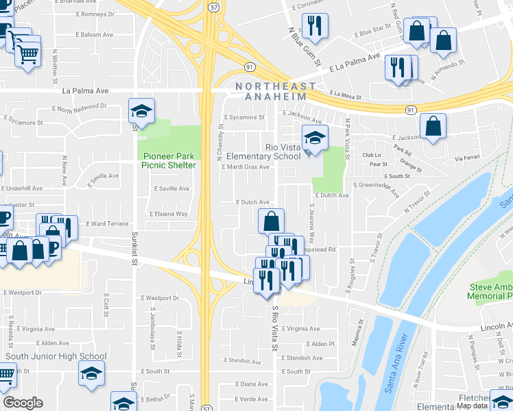 map of restaurants, bars, coffee shops, grocery stores, and more near 100 South Royal Place in Anaheim