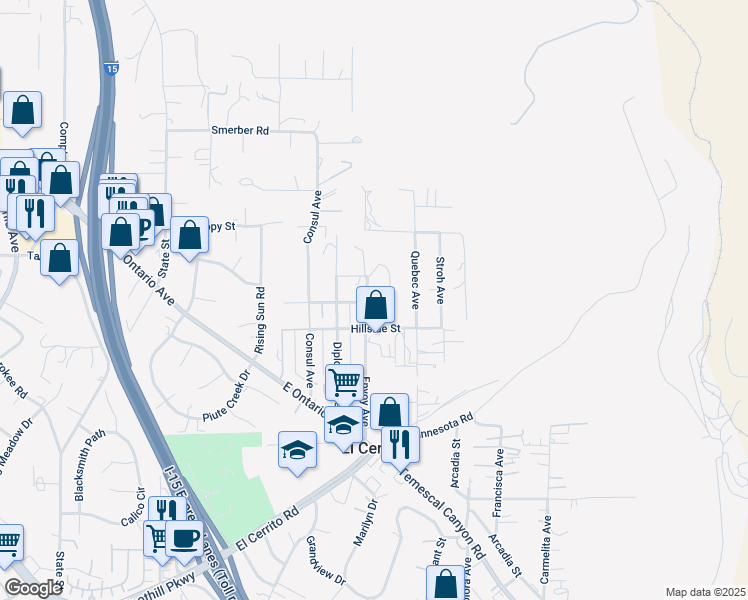 map of restaurants, bars, coffee shops, grocery stores, and more near 19170 Envoy Avenue in Corona