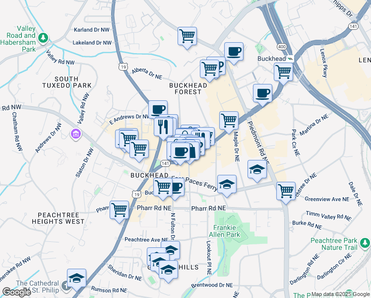 map of restaurants, bars, coffee shops, grocery stores, and more near 3165 Mathieson Drive Northeast in Atlanta