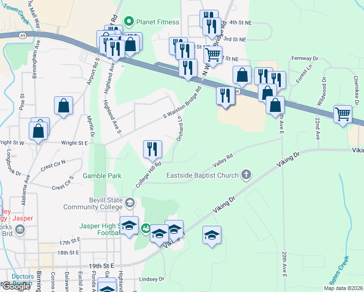 map of restaurants, bars, coffee shops, grocery stores, and more near 1001 Orchard Lane in Jasper