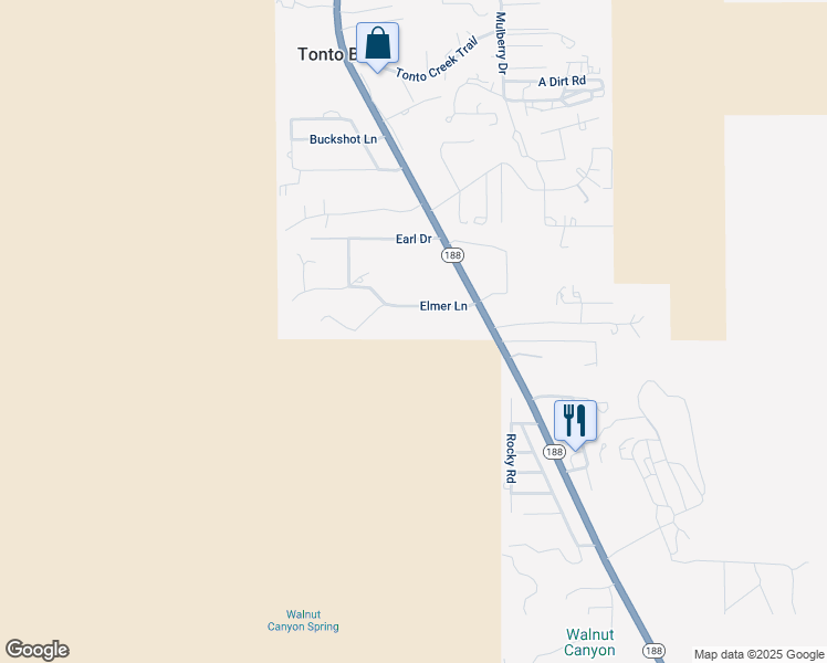 map of restaurants, bars, coffee shops, grocery stores, and more near 181 Elmer Lane in Tonto Basin