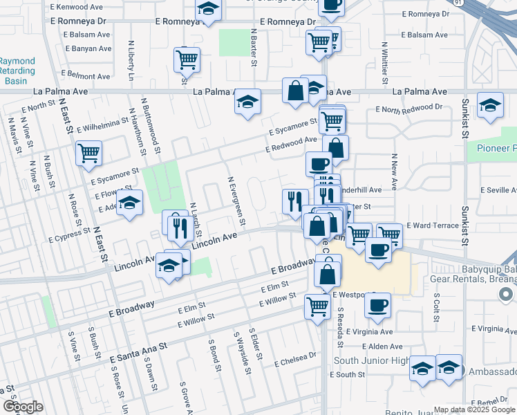 map of restaurants, bars, coffee shops, grocery stores, and more near 124 North Evelyn Drive in Anaheim
