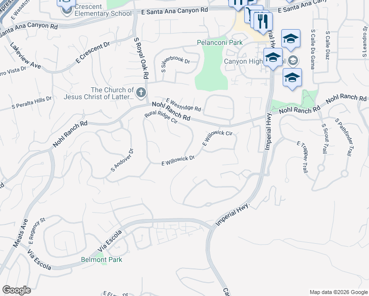 map of restaurants, bars, coffee shops, grocery stores, and more near 5384 Rural Ridge Circle in Anaheim