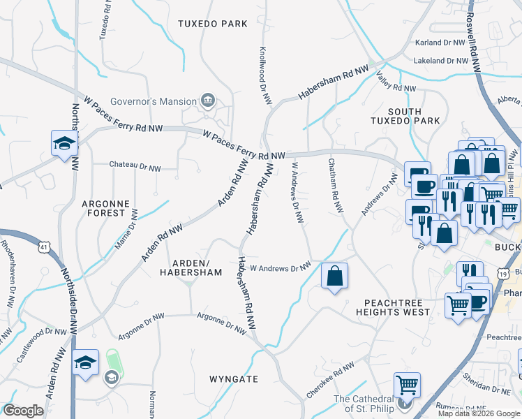 map of restaurants, bars, coffee shops, grocery stores, and more near 3163 Habersham Road Northwest in Atlanta