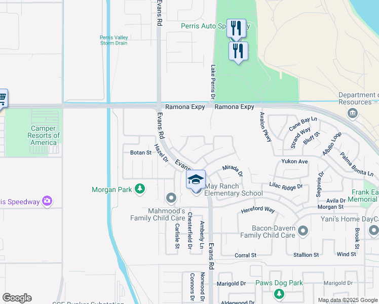 map of restaurants, bars, coffee shops, grocery stores, and more near 916 Regency Street in Perris