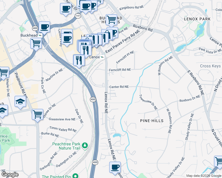 map of restaurants, bars, coffee shops, grocery stores, and more near 3127 Lenox Road Northeast in Atlanta