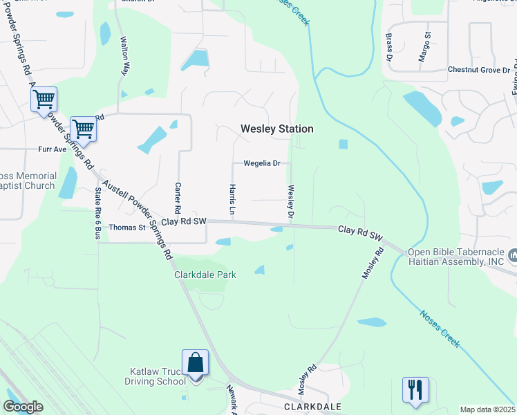 map of restaurants, bars, coffee shops, grocery stores, and more near 3383 Pendley Road in Austell