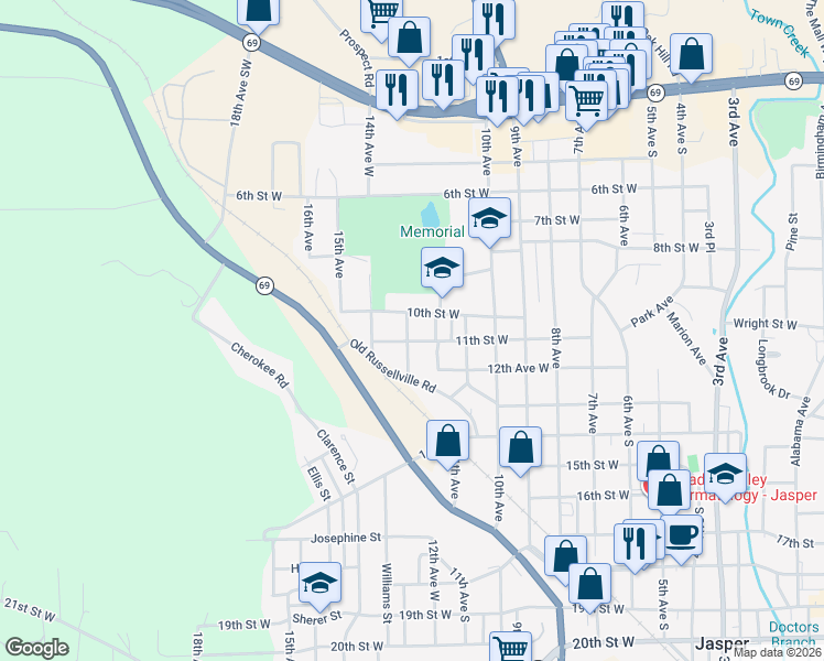 map of restaurants, bars, coffee shops, grocery stores, and more near 1007 13th Avenue West in Jasper