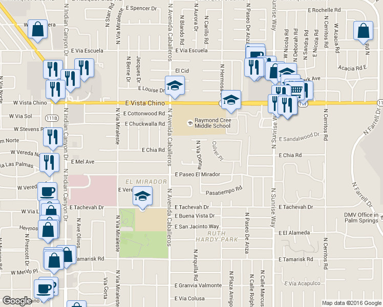 map of restaurants, bars, coffee shops, grocery stores, and more near 1055 East Diana Circle in Palm Springs