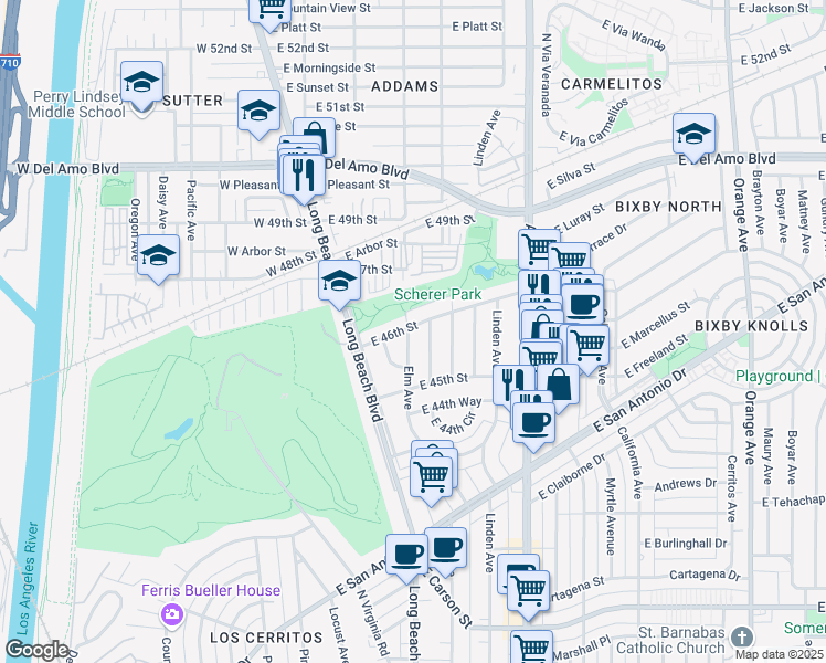 map of restaurants, bars, coffee shops, grocery stores, and more near 4564 Elm Avenue in Long Beach
